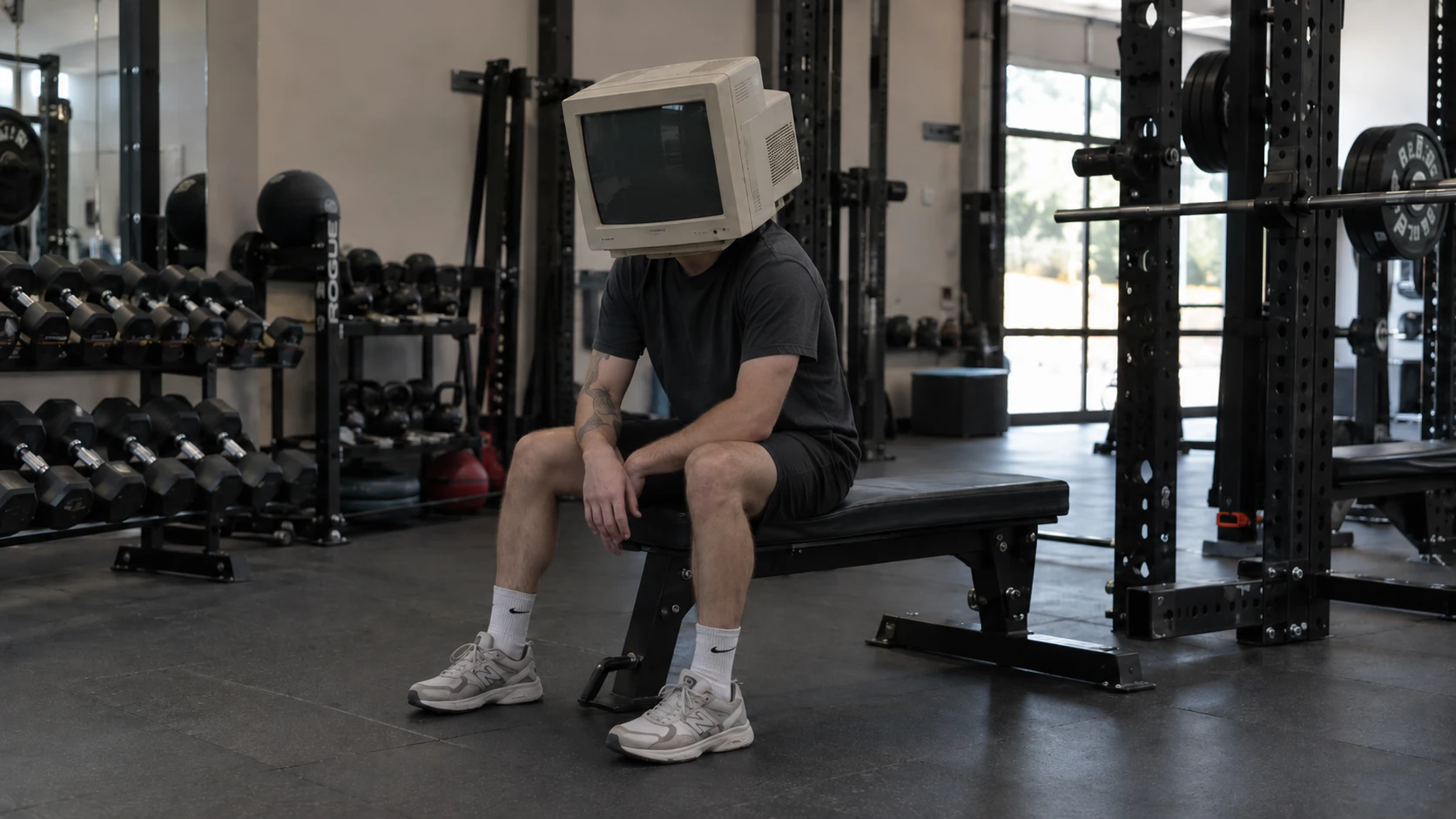 A person with a computer monitor for a head sitting on a gym bench