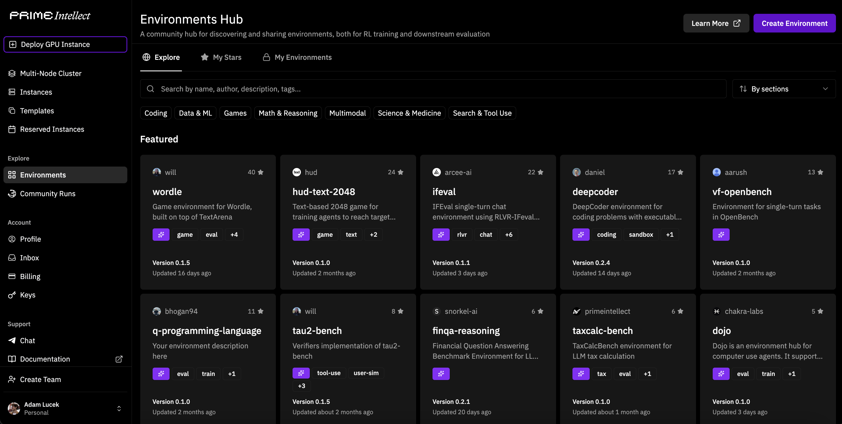 Prime Intellect Environments Hub interface