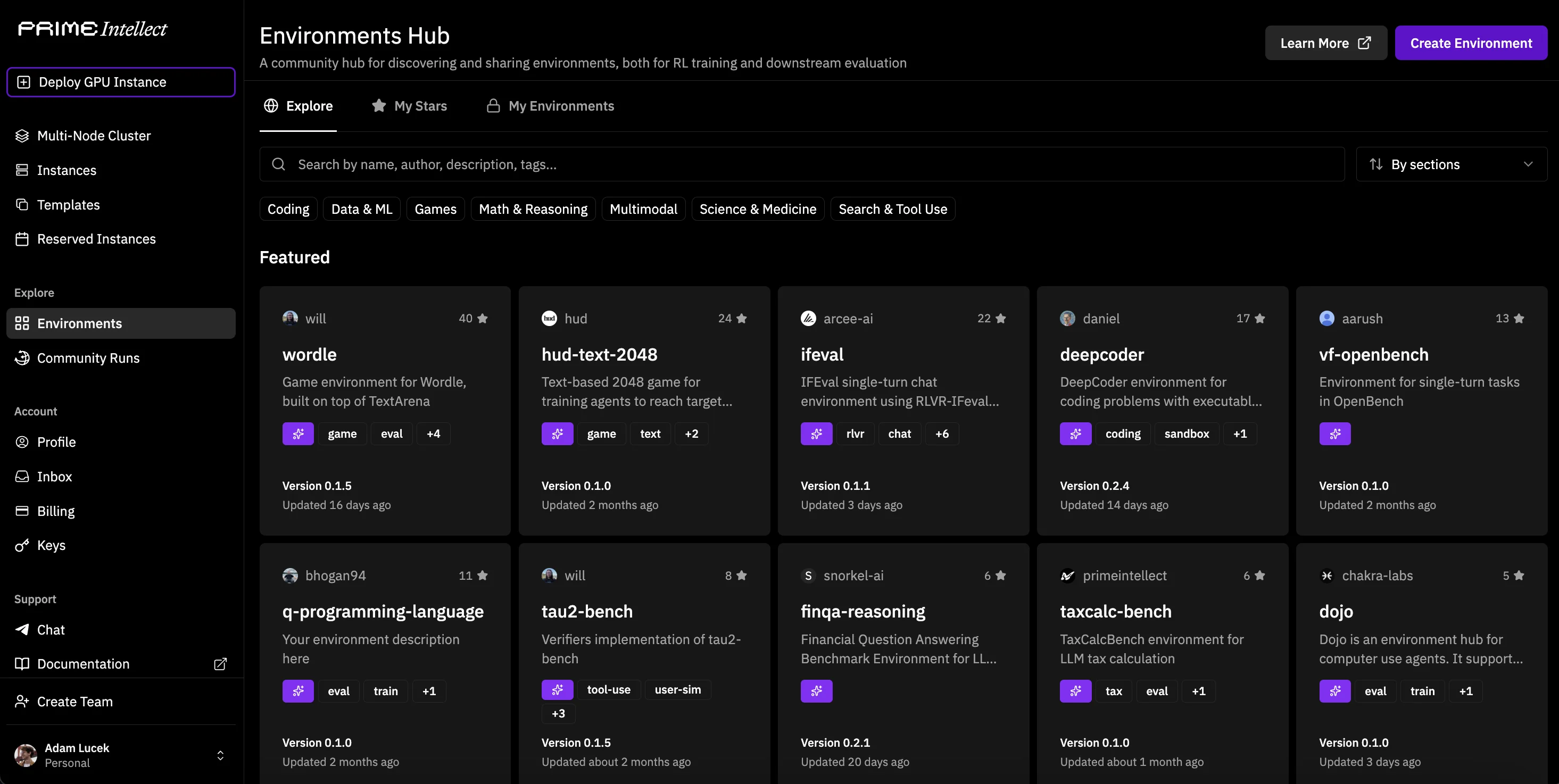 Prime Intellect Environments Hub interface