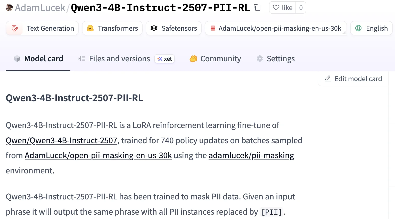 Hugging Face model card for Qwen3-4B-Instruct-2507-PII-RL